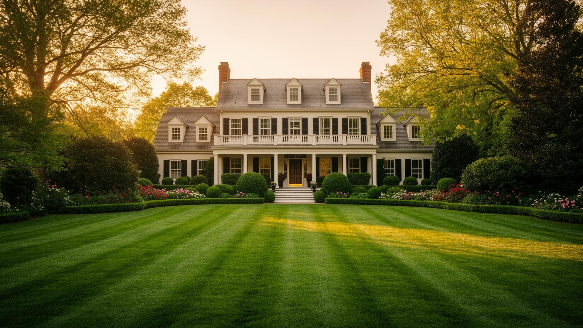 Manicured striped lawn in front of a stately home at golden hour